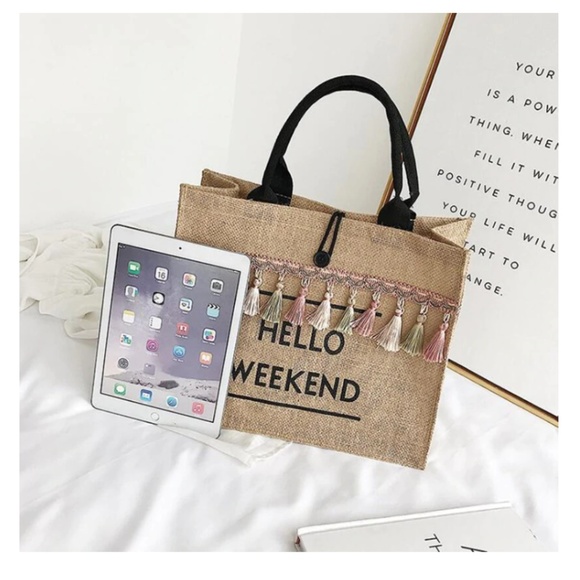 Hello Weekend Mode- Tassel Linen Shoulder Bag - Picture 7 of 8